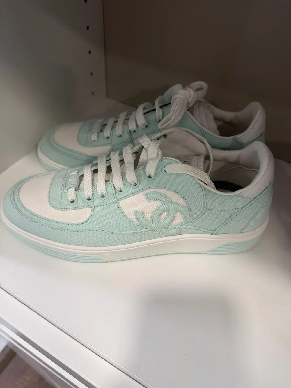 Never worn CHANEL Mint and White Low-Top Sneakers with CC Logo
